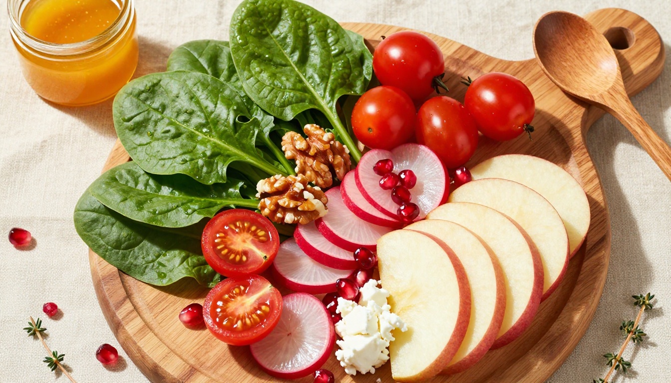 Fresh salad deconstructed flat-lay on wooden board, high-key lighting