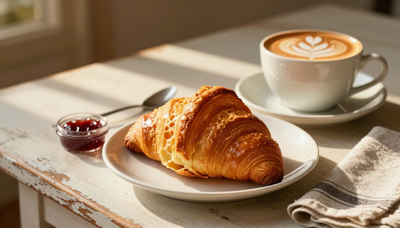 Morning lifestyle scene with croissant and flat white coffee, golden hour light