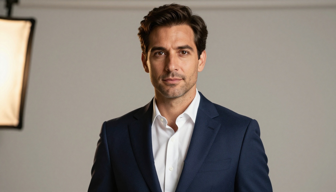 Professional studio headshot of confident male executive with Rembrandt lighting and grey backdrop