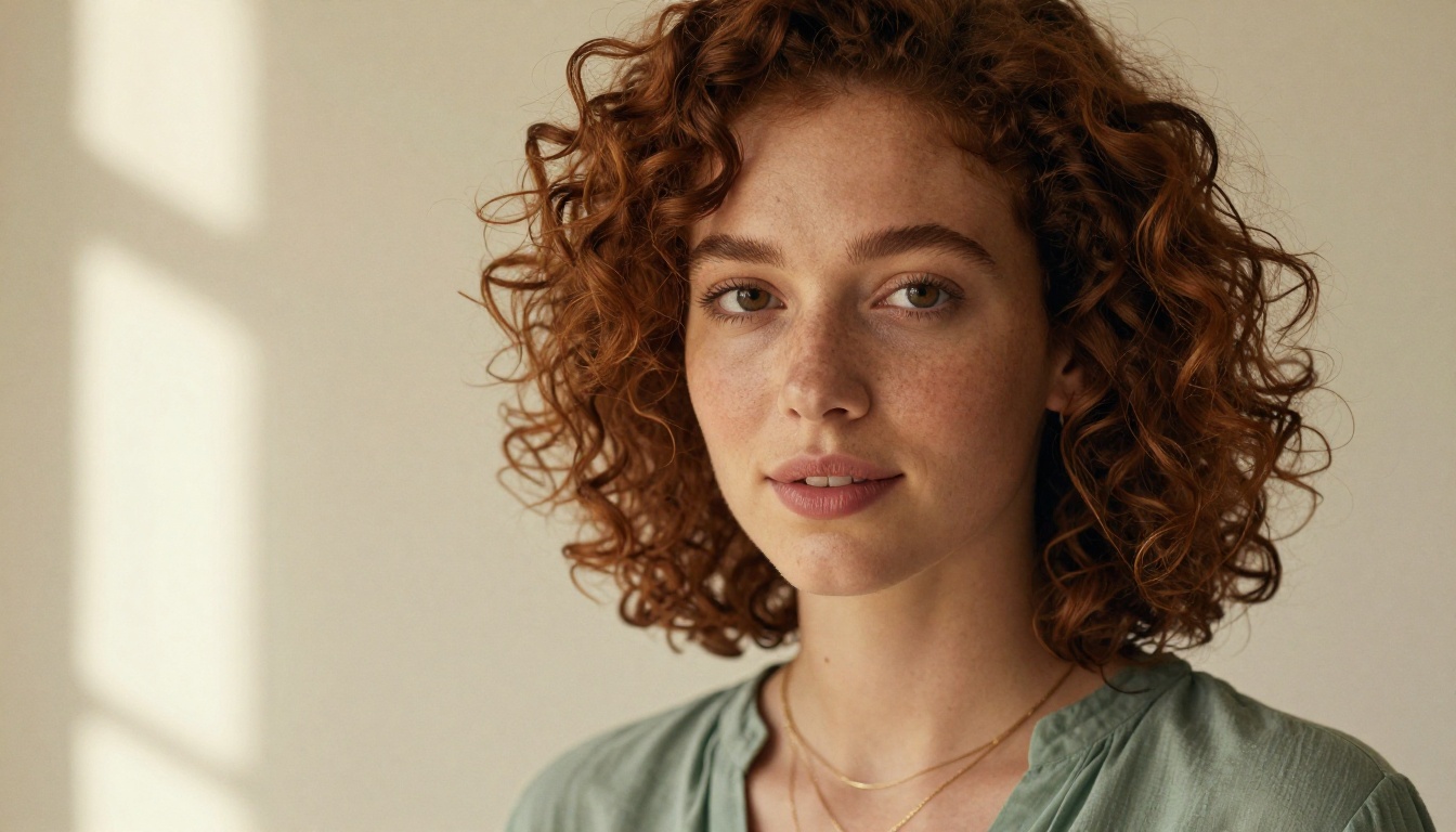 Young woman with natural curly auburn hair and freckles in warm soft editorial studio portrait with cream bokeh background