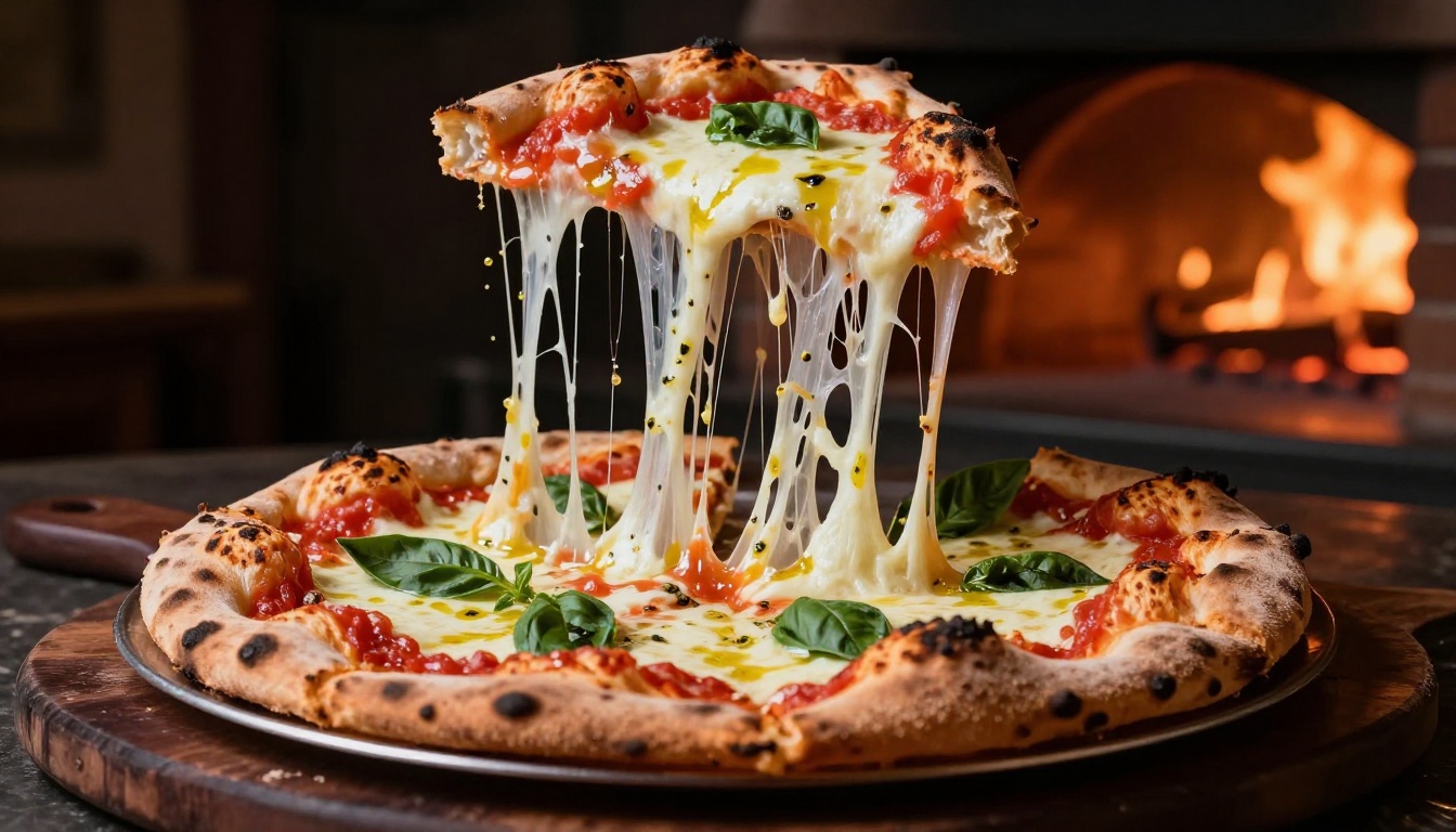 Artisan pizza with mozzarella cheese stretch, wood-fired oven atmosphere