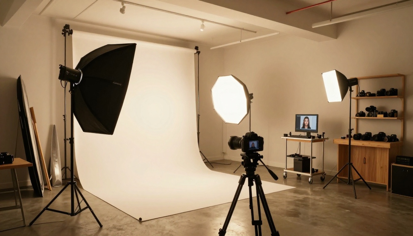 Interior of a professional photography studio with large octabox softbox, seamless paper backdrop, and monitor showing test headshot
