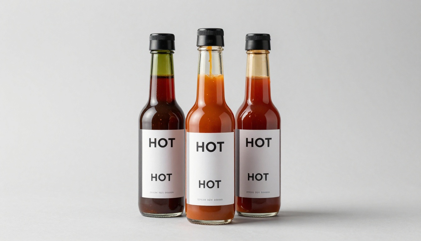 Three artisan hot sauce bottles, commercial product photography