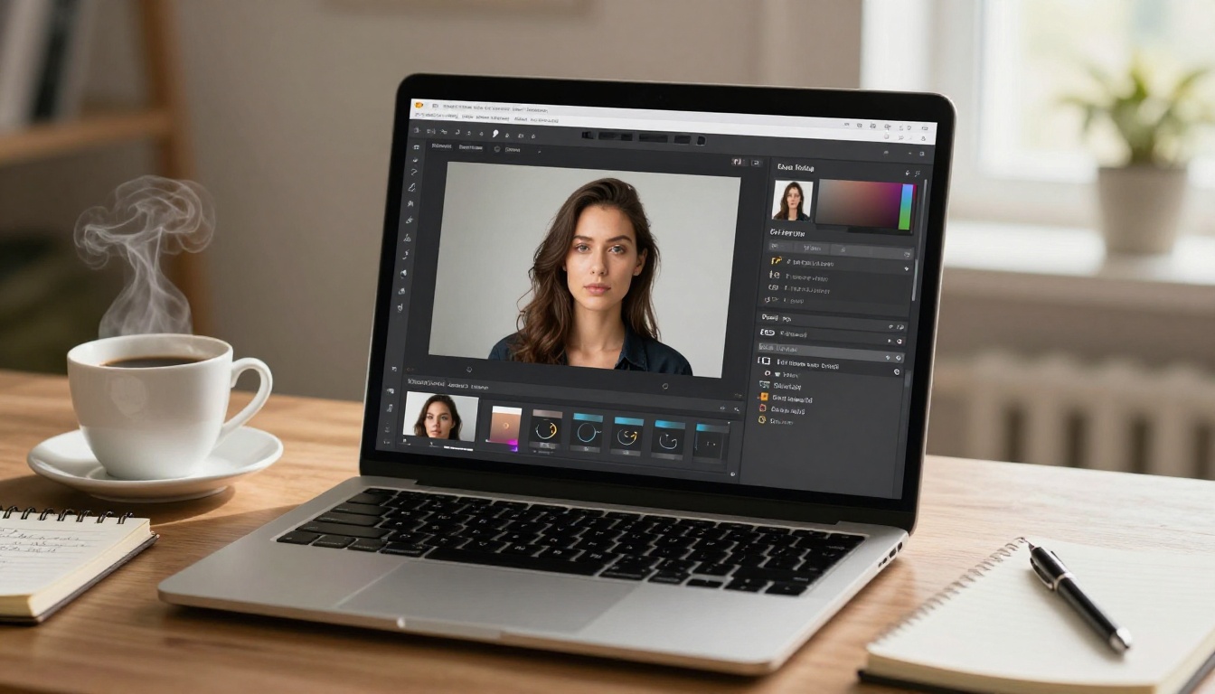 Laptop on wooden desk displaying AI headshot editing interface with retouching sliders, ceramic coffee cup and notebook nearby in warm window light