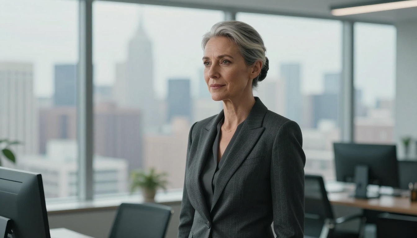 Corporate executive woman with silver hair in minimalist modern office with city skyline dissolved into creamy bokeh background