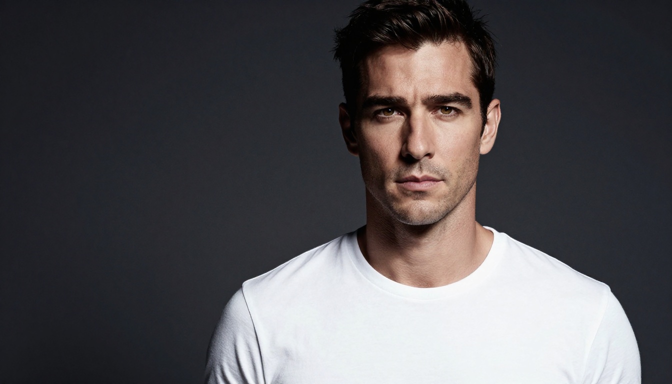 Male actor with sharp chiseled features in dramatic low-key split lighting headshot against dark charcoal backdrop
