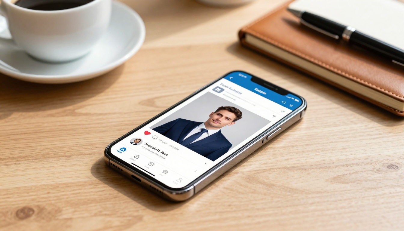 Modern smartphone flat on oak table showing LinkedIn profile with professional AI headshot, surrounded by coffee mug and leather notebook