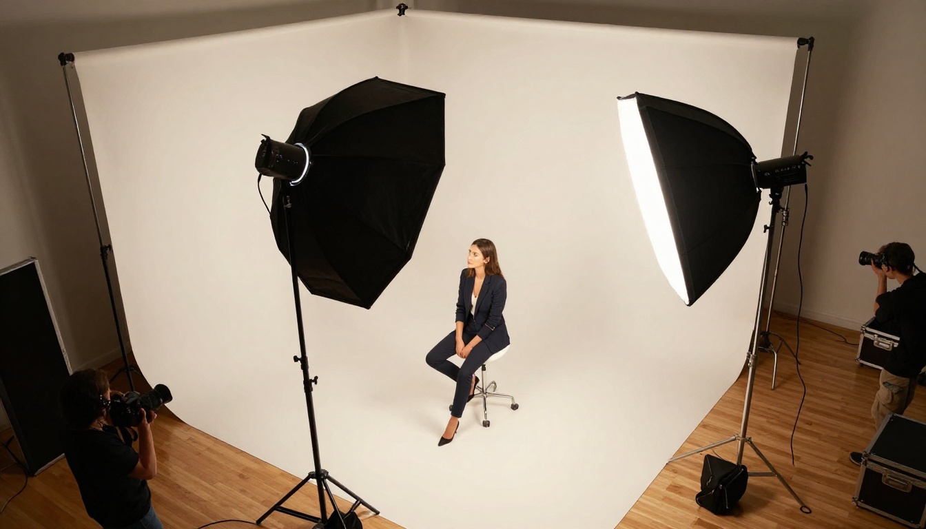 Overhead aerial top-down view of professional photography studio session with model in blazer on posing stool under softboxes and photographer adjusting equipment