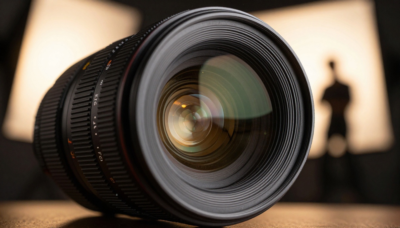 Extreme close-up macro shot of professional 85mm camera lens with warm studio bokeh circles and softbox glow visible in background