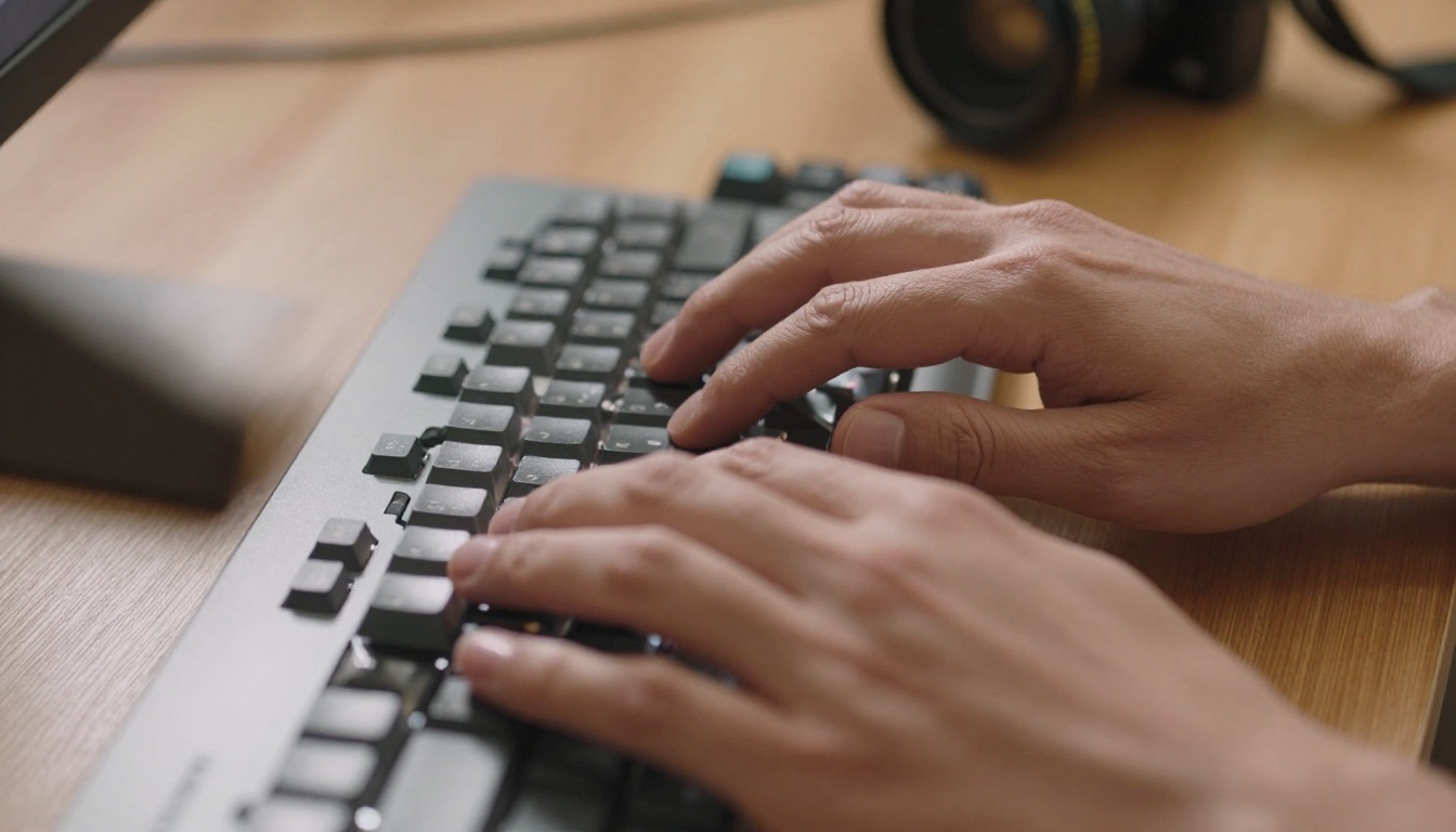 Hands on a mechanical keyboard captured in sharp detail with natural lighting