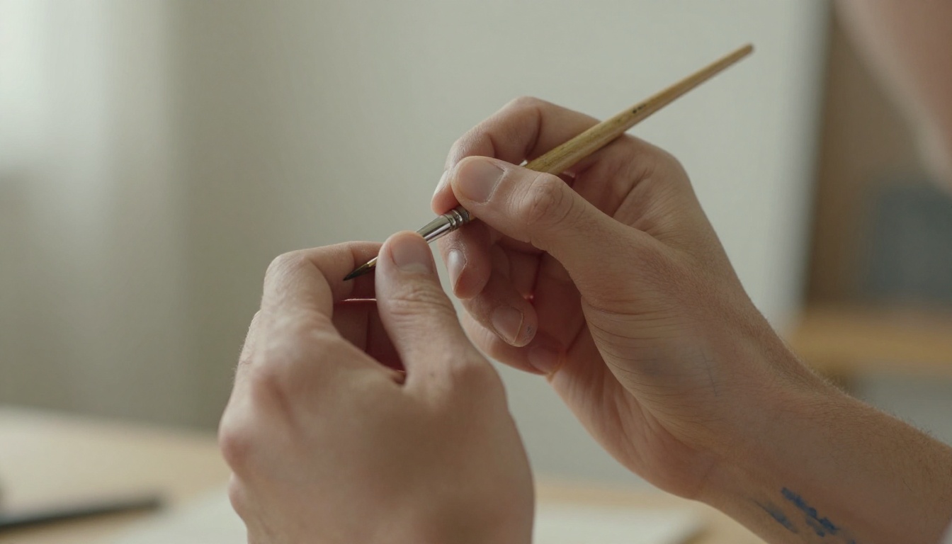 Artist hands holding a paintbrush over canvas with detailed skin texture and natural lighting