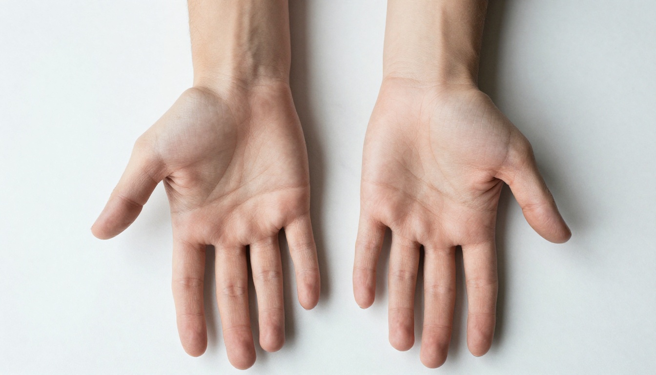 Overhead flat-lay of two open hands on white marble with perfect symmetry
