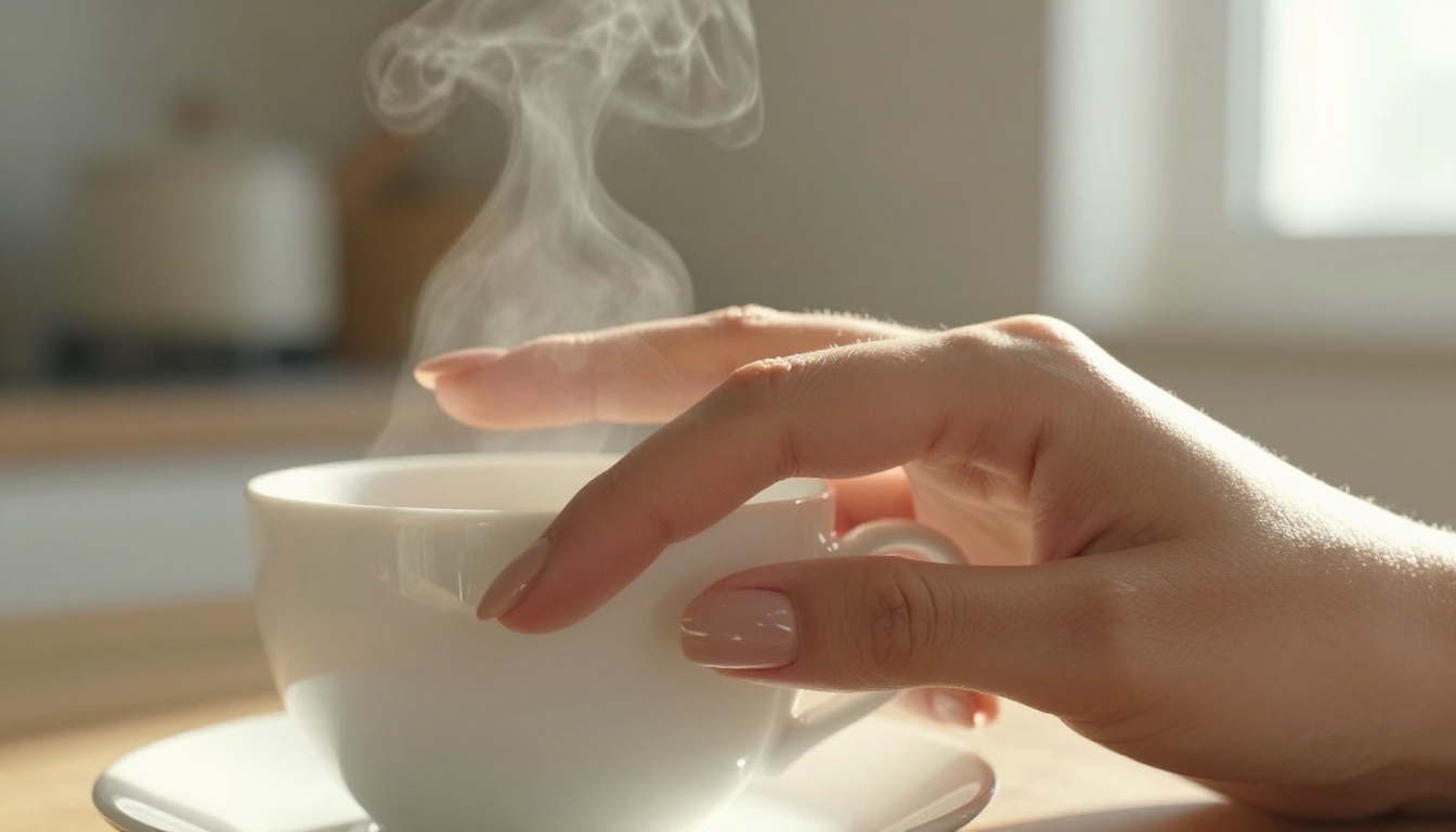 A woman's hand wrapped around a coffee cup with warm rim lighting along the fingers