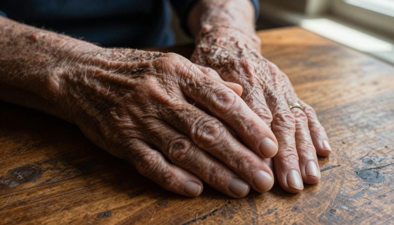 Elderly hands with deeply textured skin and natural character resting on a wooden surface