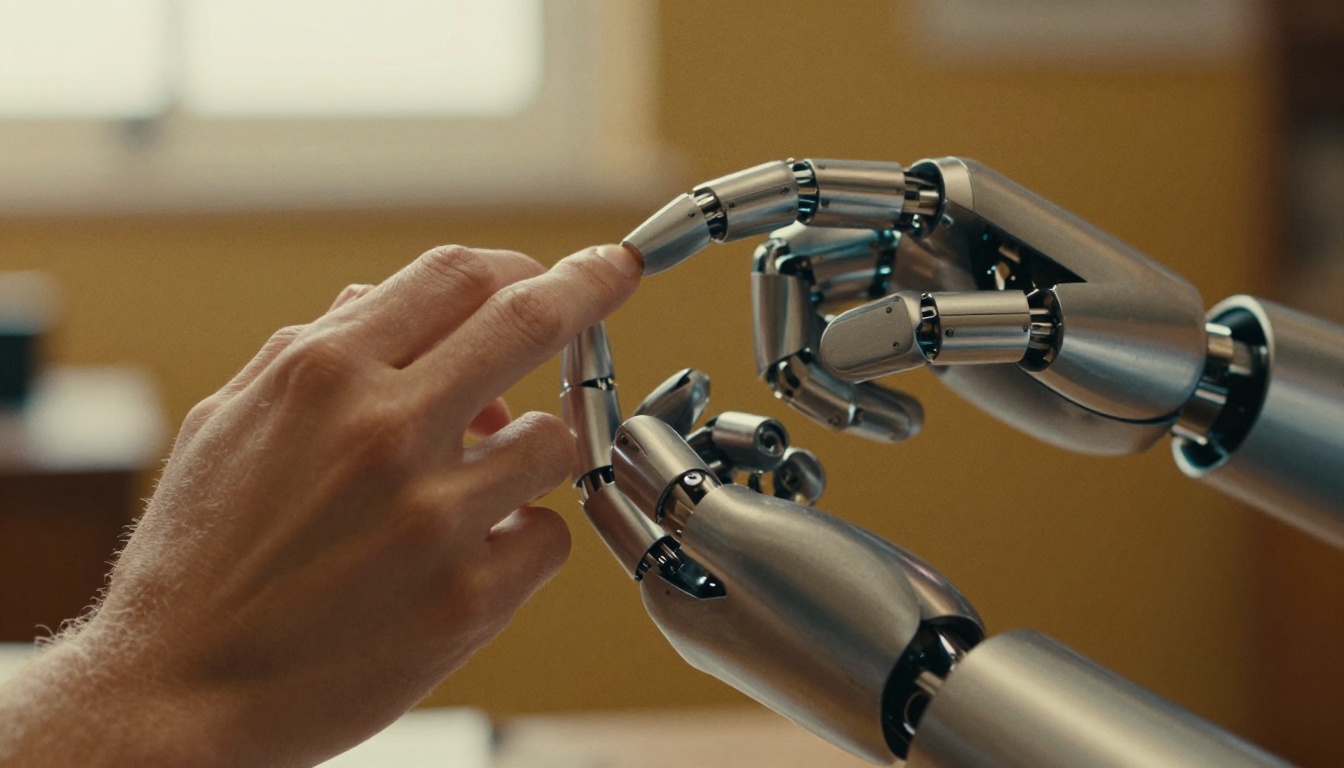 Human and robotic hands almost touching