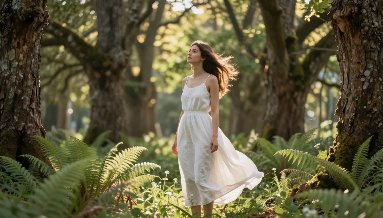 Woman in flowing white dress in sunlit forest clearing