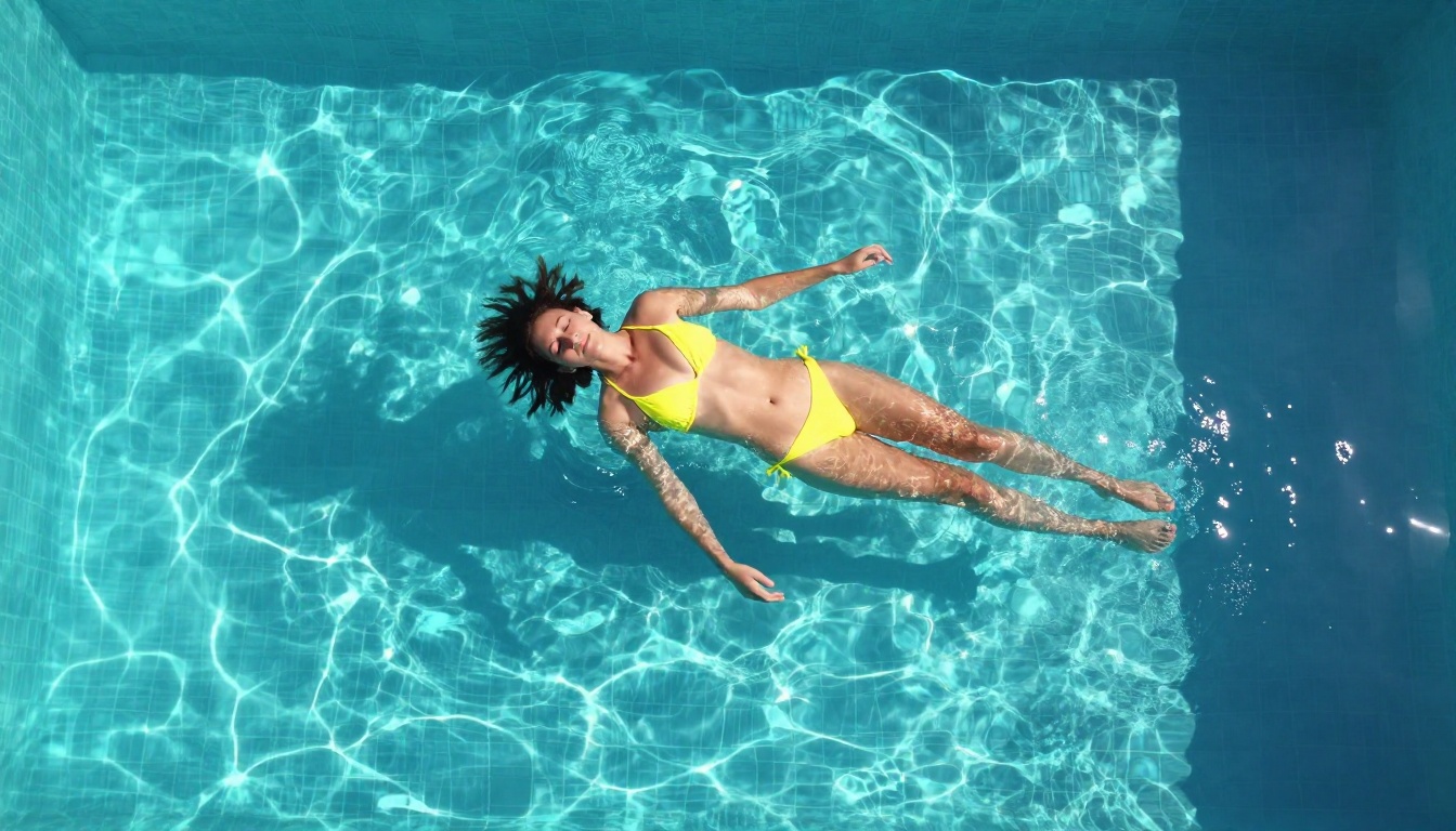 Aerial view of woman floating in turquoise pool