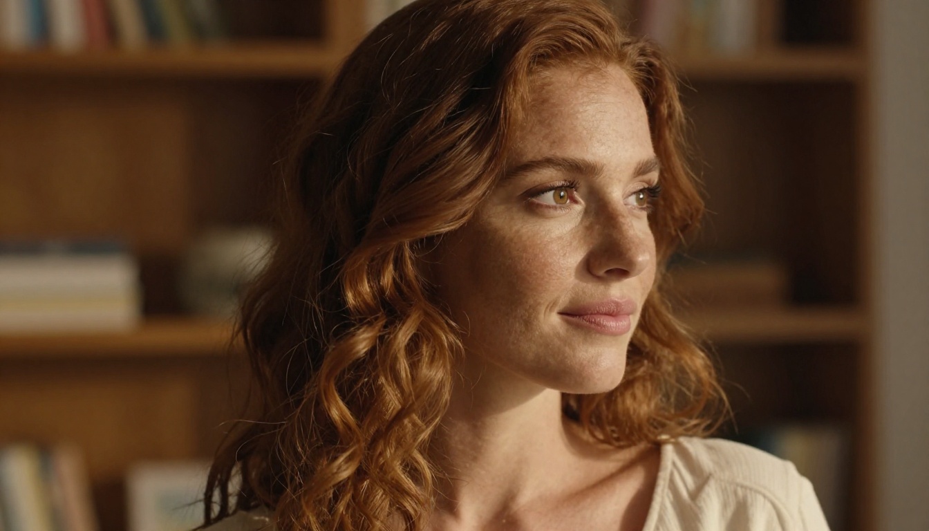 Side profile close-up portrait of auburn-haired woman