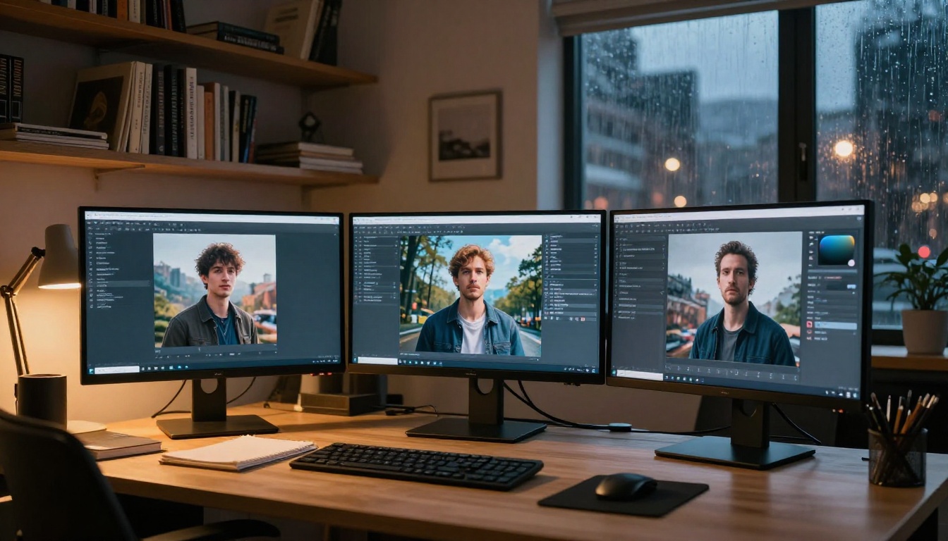 Modern creative workspace with multiple monitors at night
