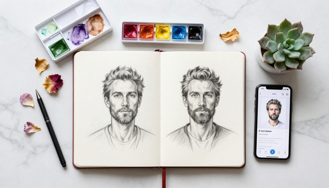 Flat-lay of creative art tools on marble surface