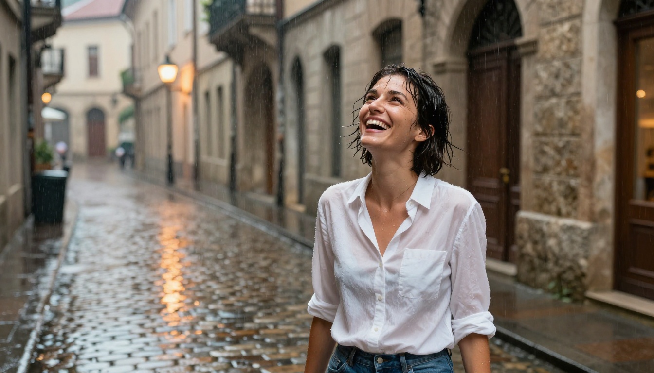 Woman laughing in rainstorm on a cobblestone European street