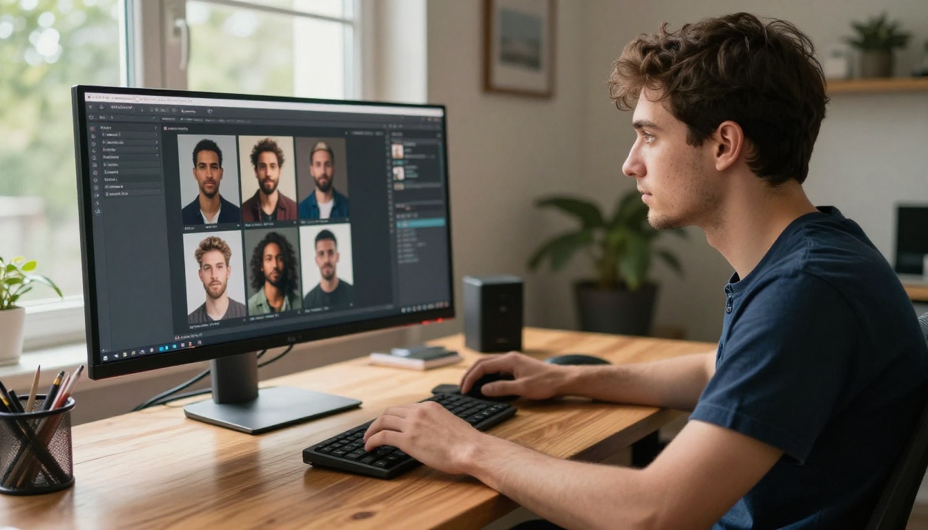 Developer working on avatar generation interface at modern desk with monitor