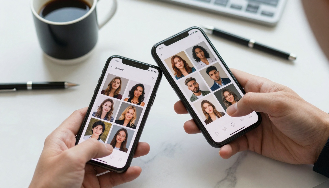 Smartphone showing grid of AI avatar profile pictures, marble desk with coffee cup