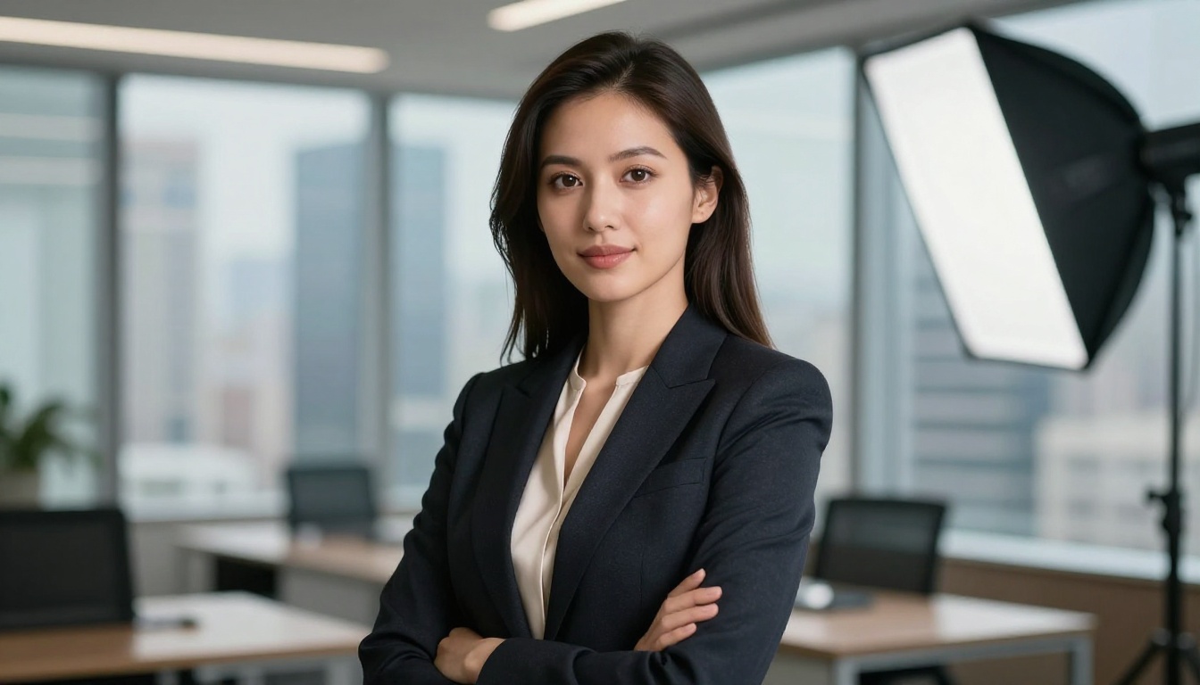 Professional business woman headshot in corporate setting with bokeh city view background Professional business woman headshot in corporate setting with bokeh city view background