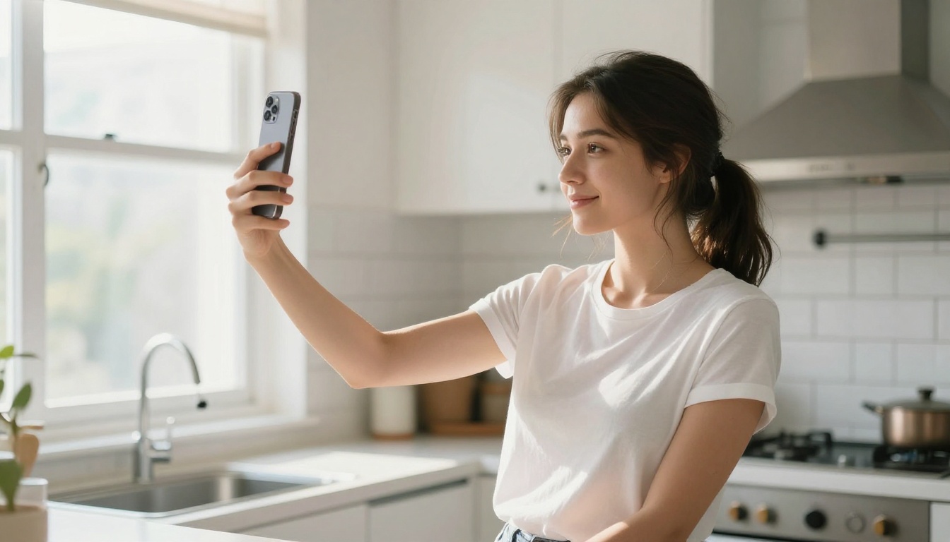 Woman uploading photo at kitchen counter with natural morning light for avatar generation