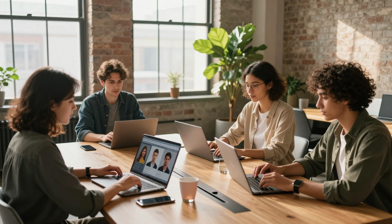 Diverse group of professionals at conference table each viewing avatar interfaces on screens Diverse group of professionals at conference table each viewing avatar interfaces on screens