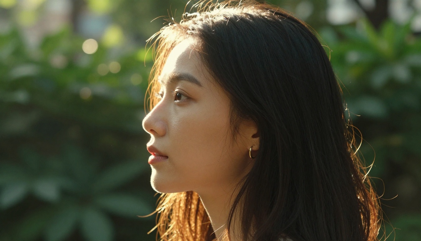 Beautiful woman side profile outdoors in garden setting with golden hour bokeh lighting Beautiful woman side profile outdoors in garden setting with golden hour bokeh lighting