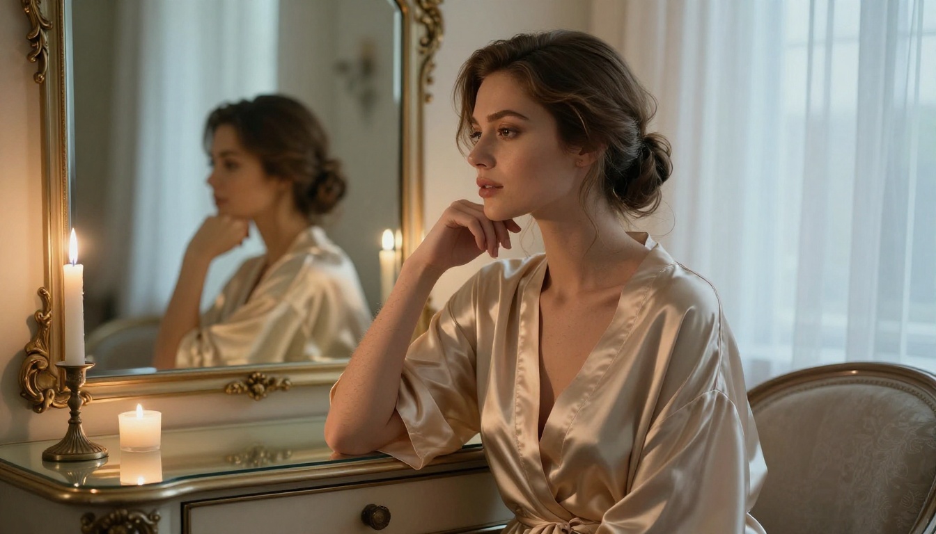 Woman at luxury vanity with candlelight reflections