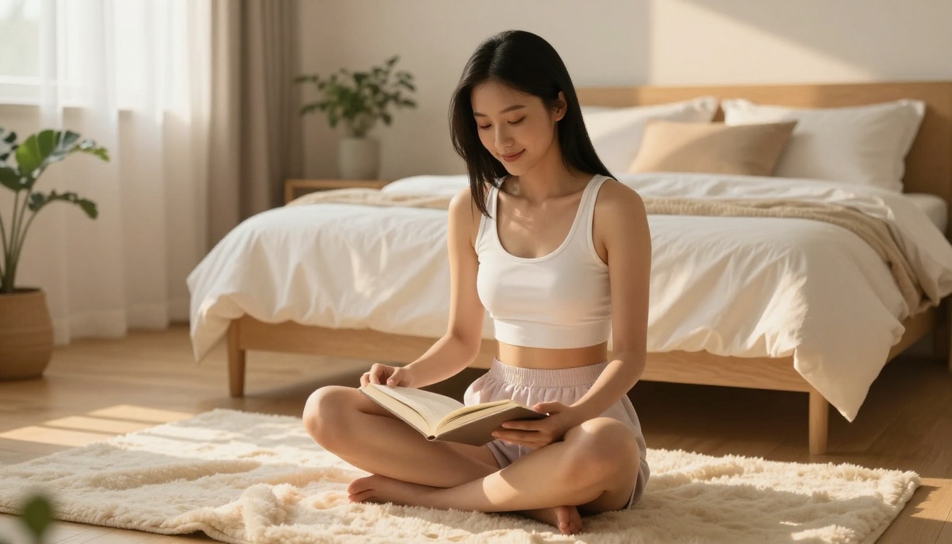 Asian woman in cozy lifestyle setting, warm light