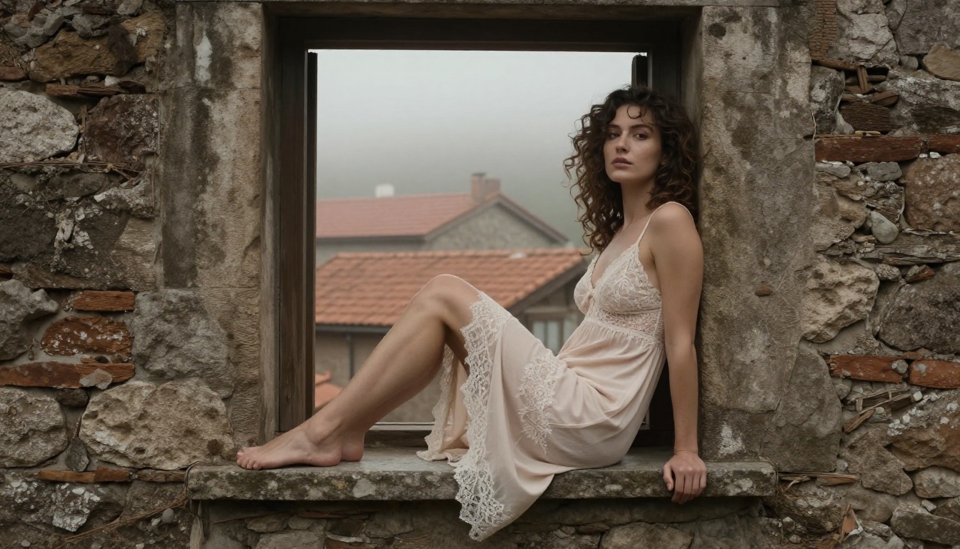 Boudoir portrait on European stone windowsill, morning mist