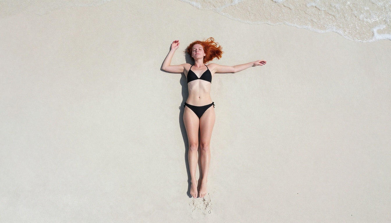 Aerial overhead view of a woman with red hair on white sand beach in a black bikini