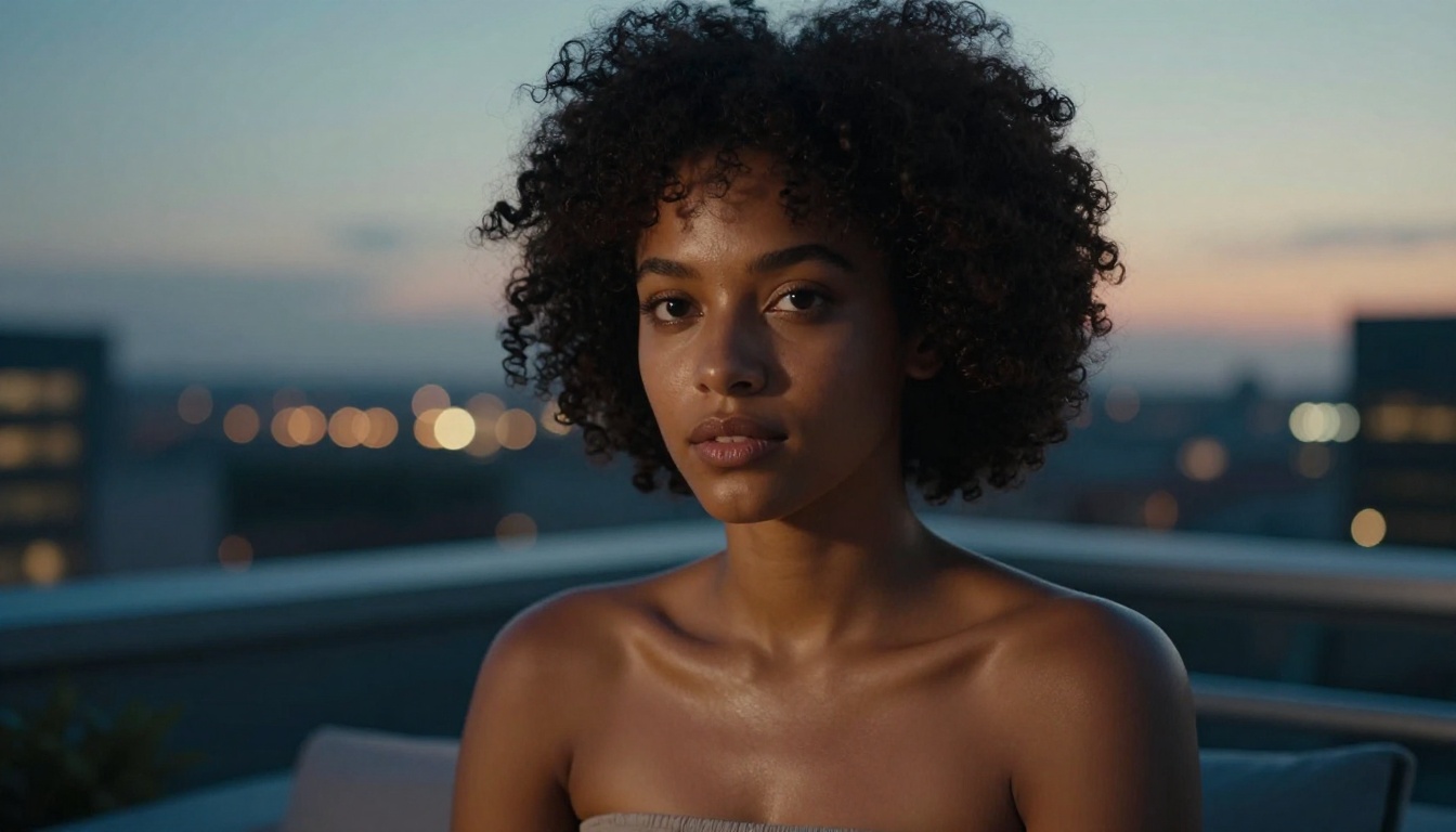 Portrait of a woman with natural afro hair on a city rooftop at dusk