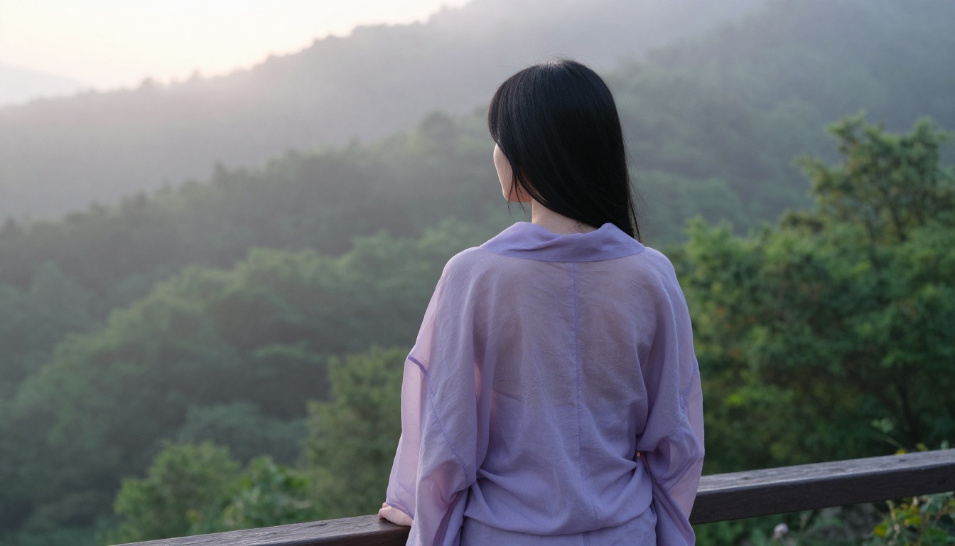 Woman in a sheer lavender kimono wrap on a Japanese mountain forest deck at sunrise