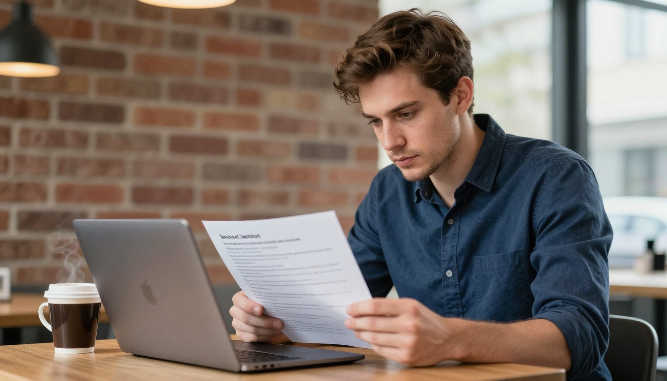 Young man reading carefully through terms and conditions on MacBook at a minimalist cafe table