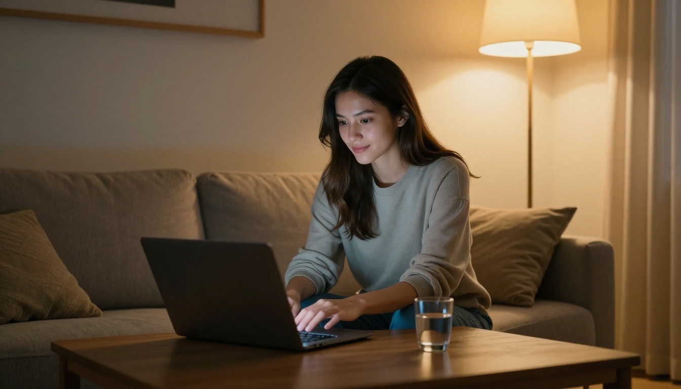 Attractive woman using laptop on couch in cozy warm living room with golden evening light