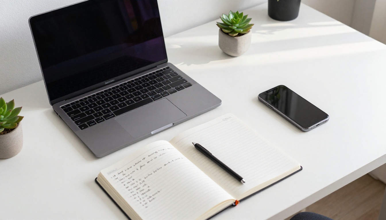Clean aerial flat lay of MacBook, smartphone on lock screen, notebook with handwritten notes, small succulent on white oak desk