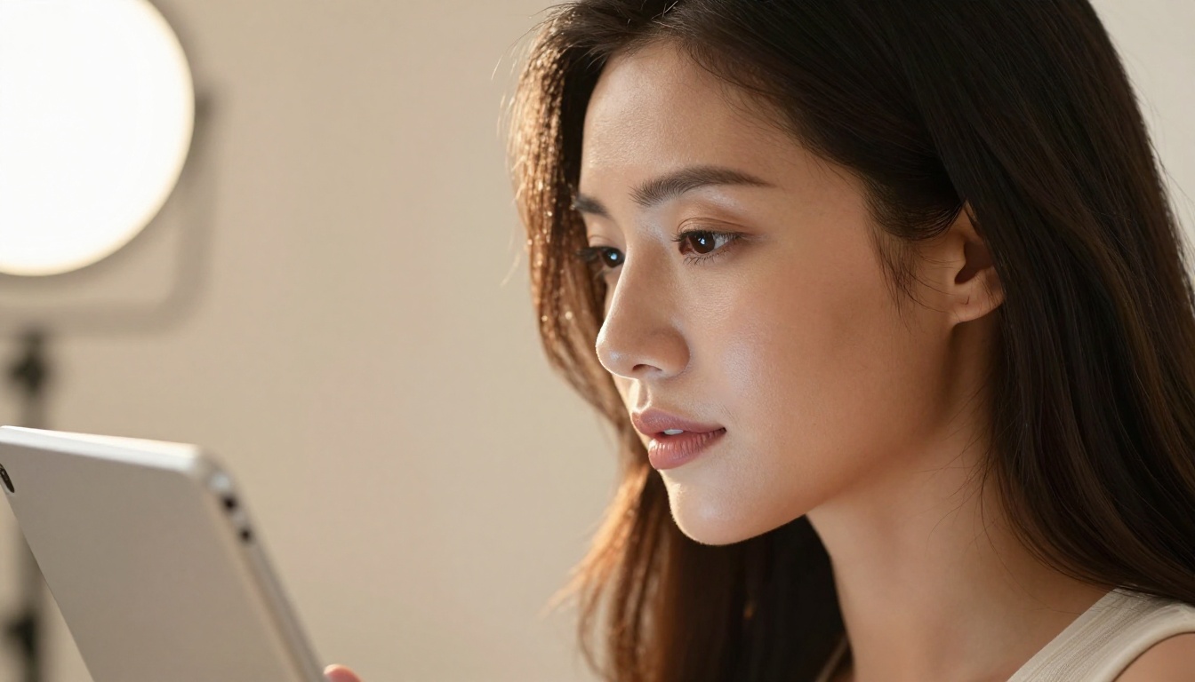 Beautiful woman in side profile looking at a tablet with thoughtful expression, soft warm cream bokeh background