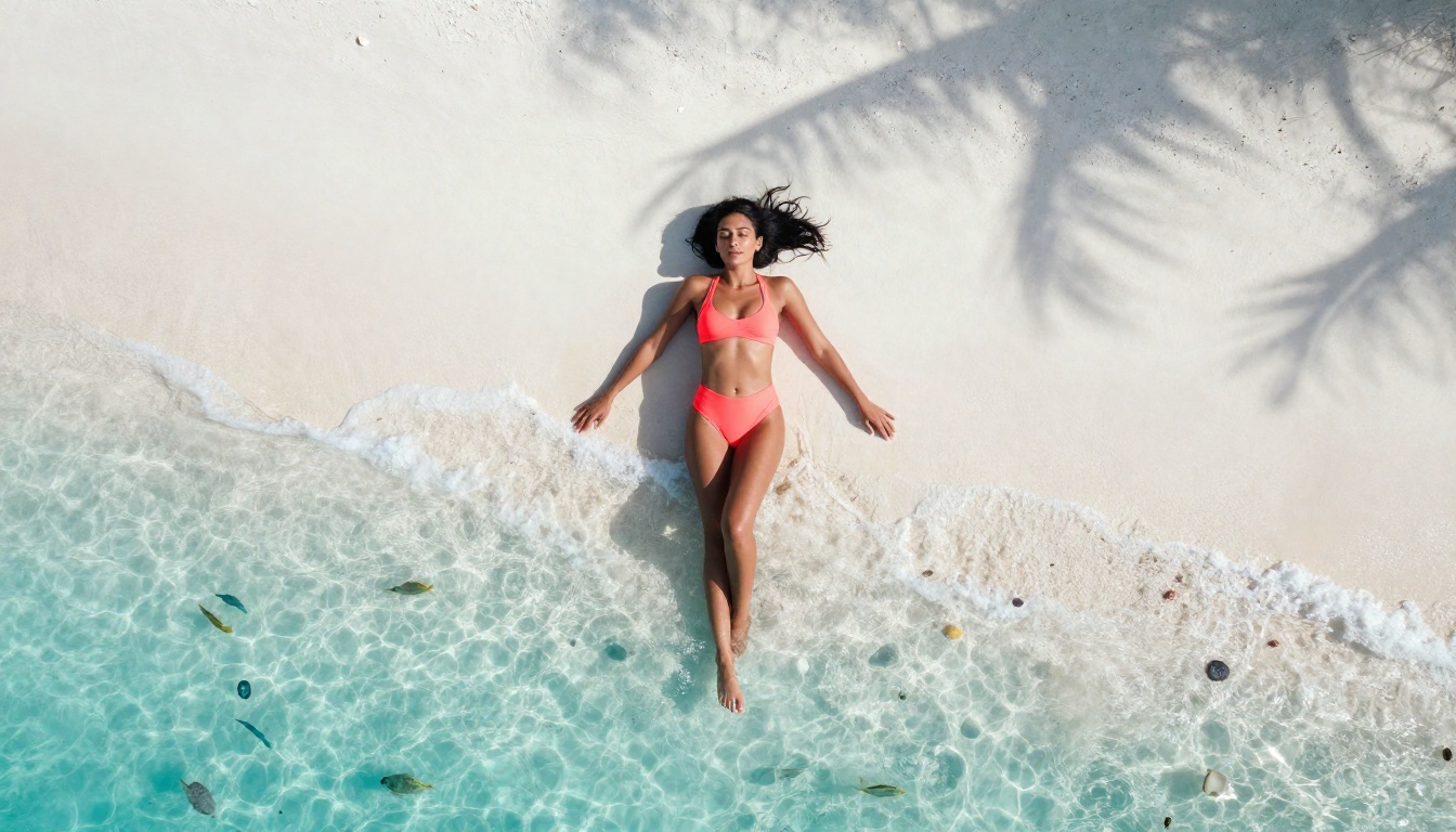 Aerial overhead beach shot with turquoise water