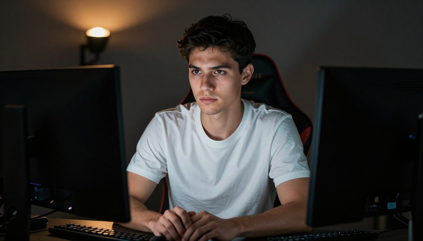 Young man with serious focused expression sitting at a gaming desk in dramatic low lighting
