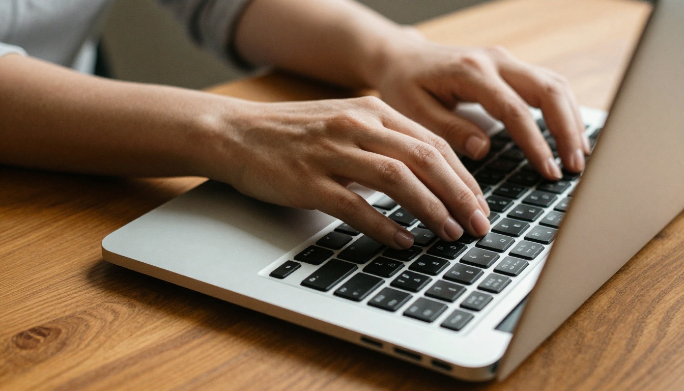 Close-up of woman's hands mid-keystroke on laptop keyboard, warm morning light casting long shadows on fine-grained wooden desk