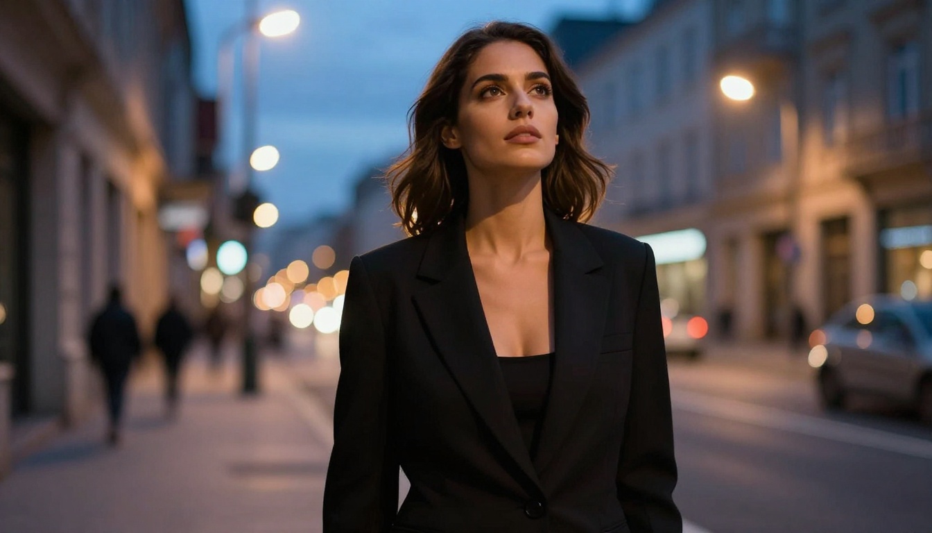 Sophisticated brunette at blue hour city street