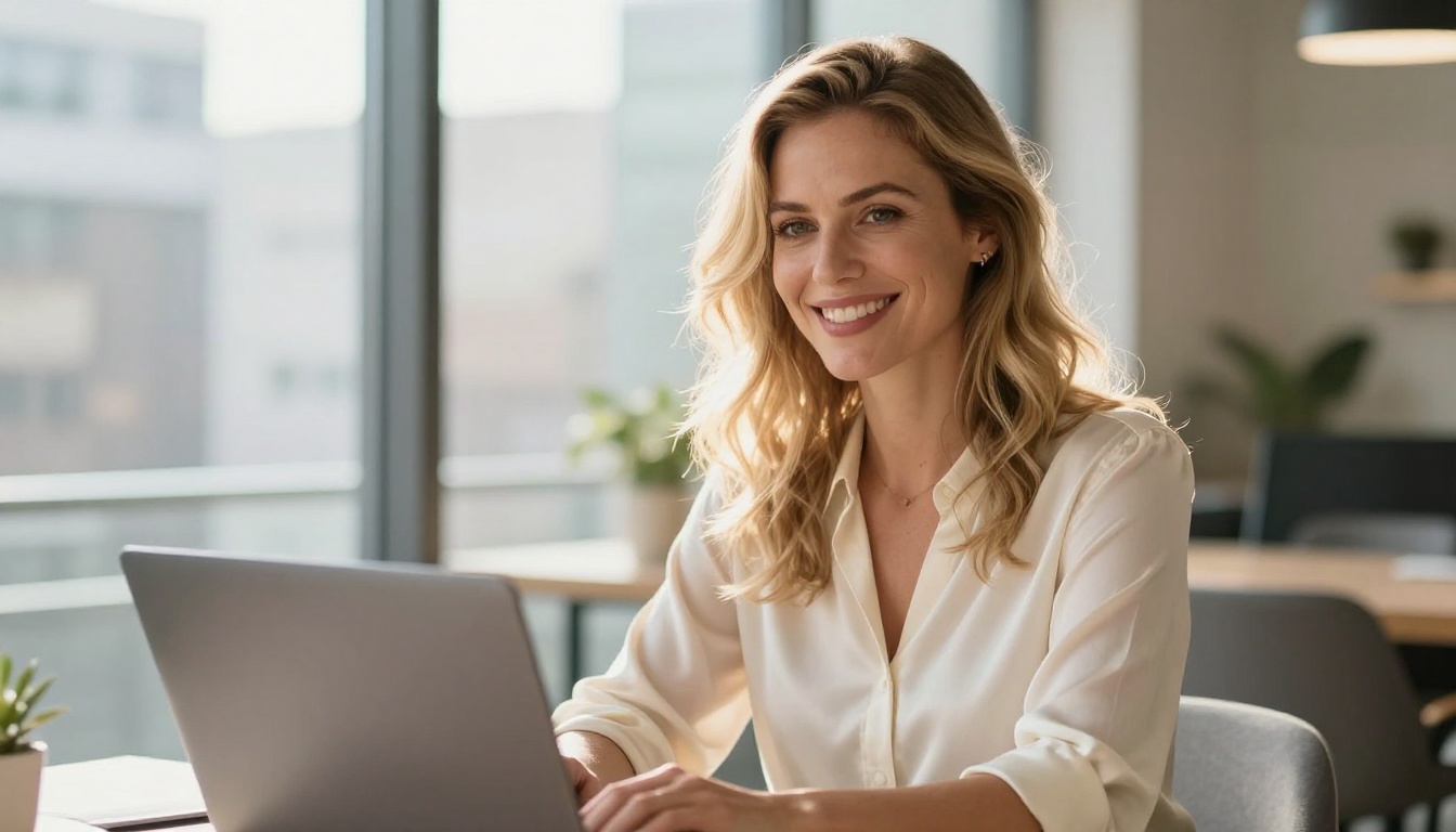 Confident smiling woman with wavy blonde hair at a bright modern workspace, blurred cityscape visible through large windows