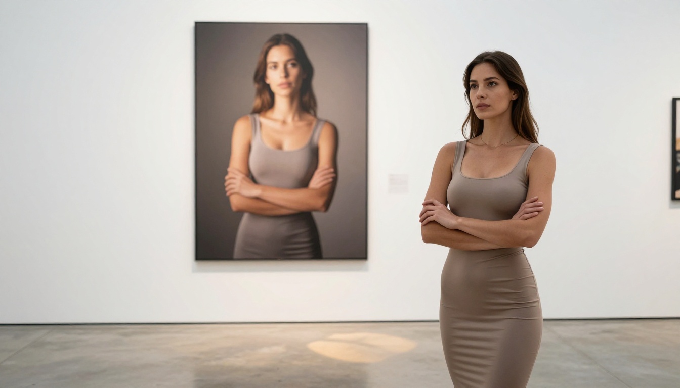 Woman standing proudly before her portrait in a gallery
