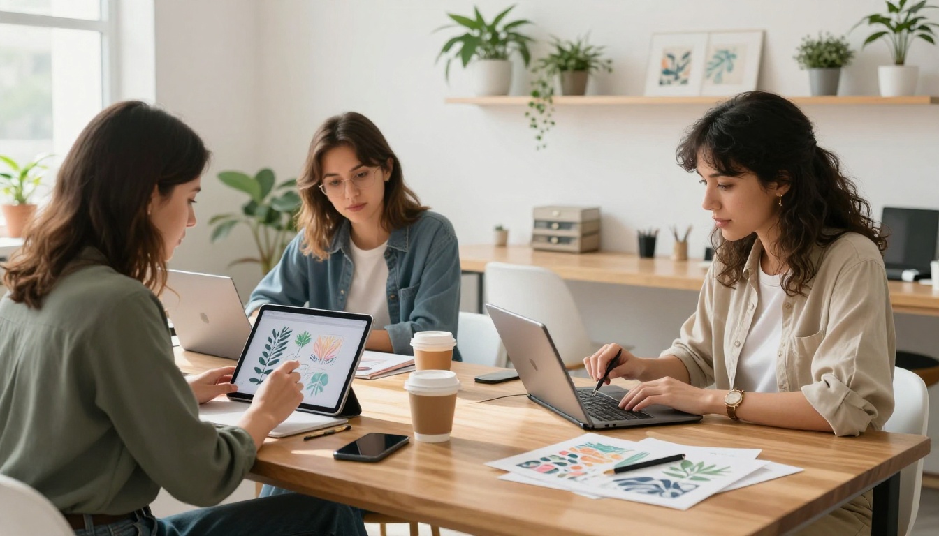 Two professionals comparing AI-generated artwork on tablets in a bright modern co-working space with white walls and hanging plants