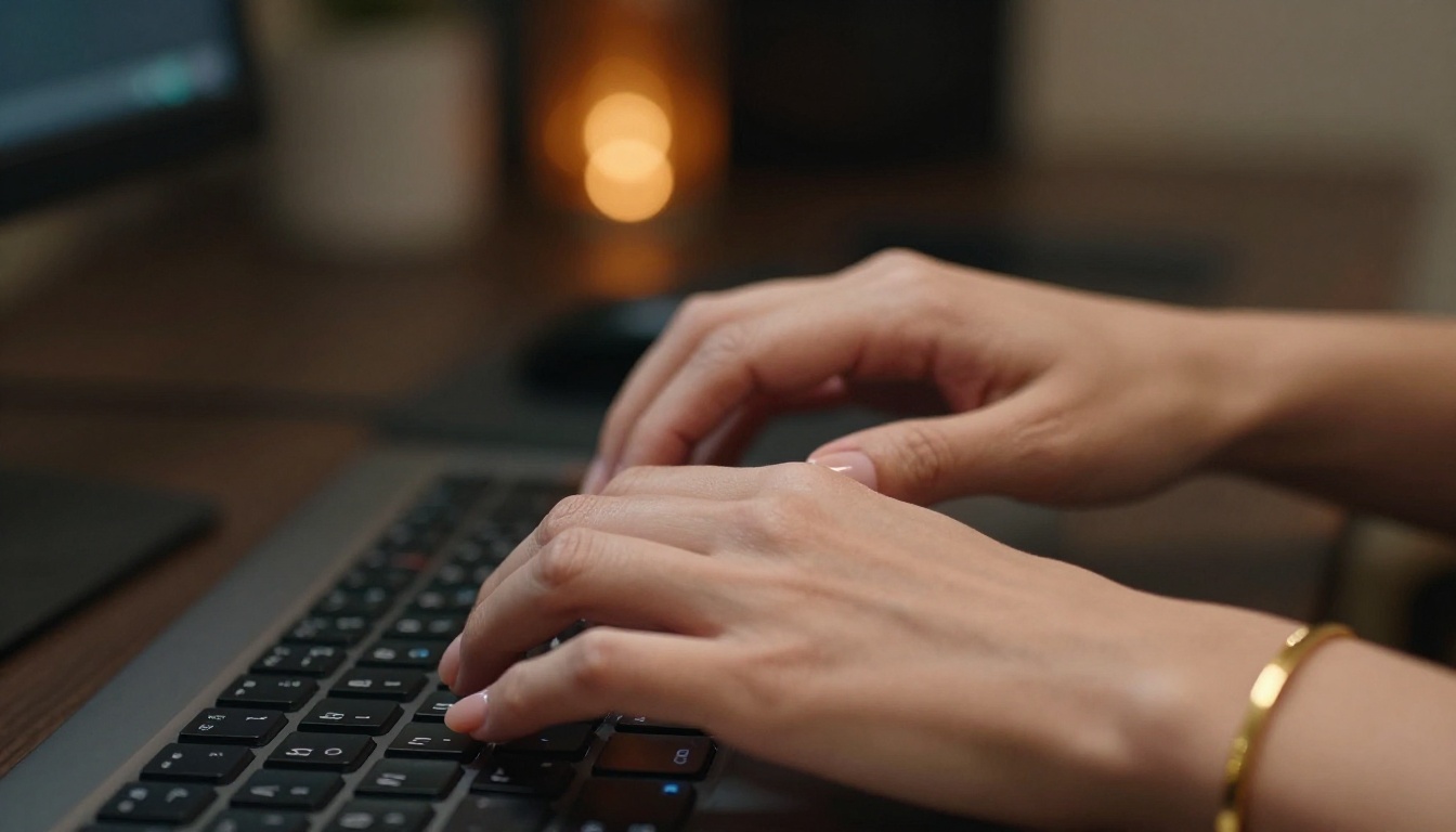 Close-up detail shot of elegant feminine hands with a thin gold bracelet typing on a backlit keyboard, warm bokeh background