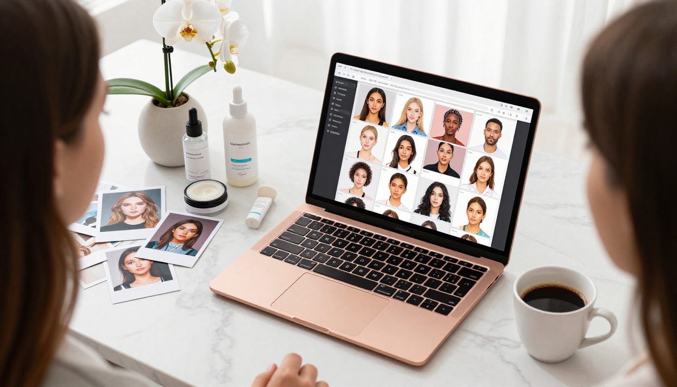 Aerial overhead flat-lay of a creative workspace with rose gold laptop showing AI portraits, white orchid, polaroid prints, and a steaming coffee cup on white marble